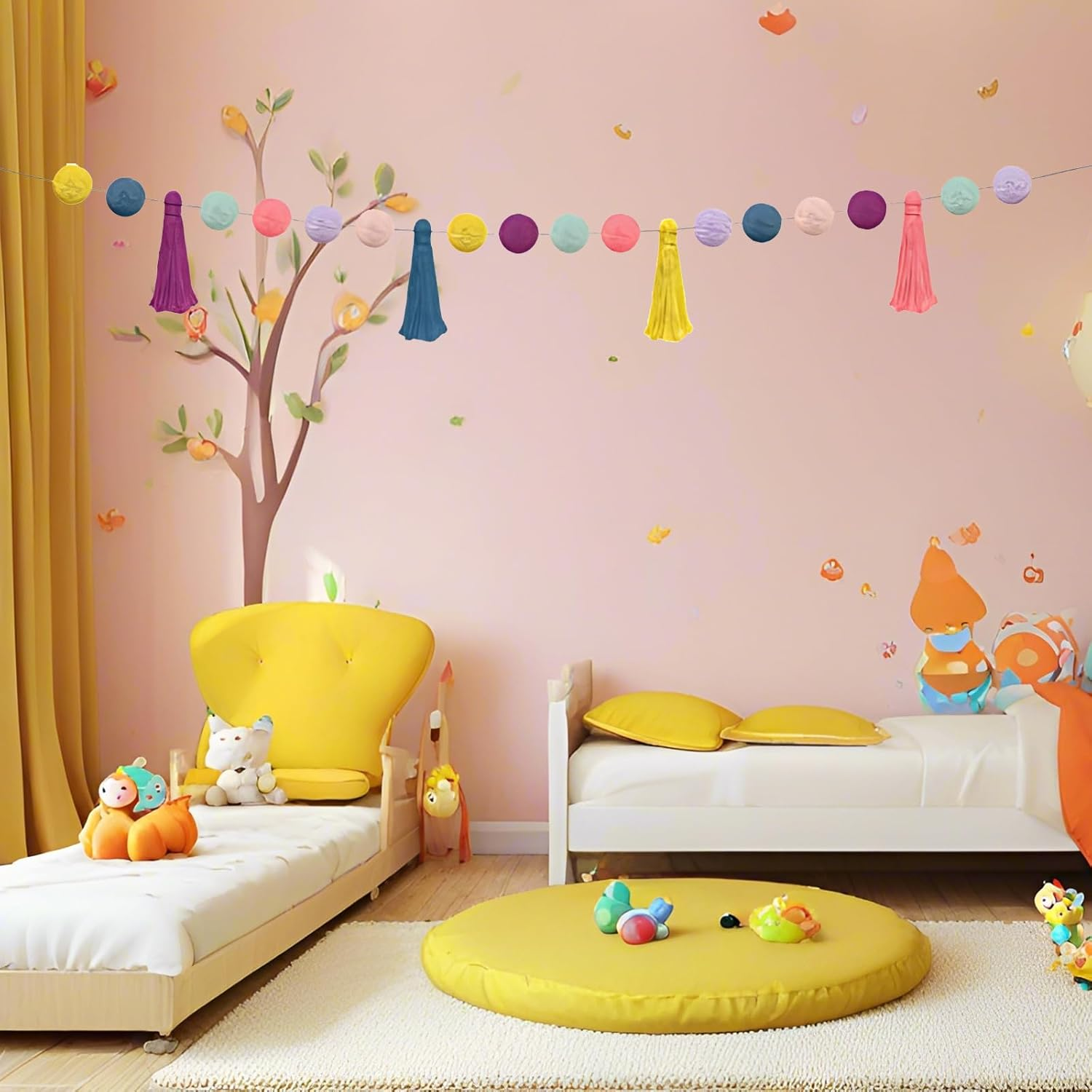 Pom Pom Garland for Classroom Boho, 74.8 Inch 16 Felt Ball Bulletin Board Garland, Colorful Yarn Tassel Banner Garland, Hanging String Decorations for Party Desk Nursery Wall Decor (Black & White) image number 3
