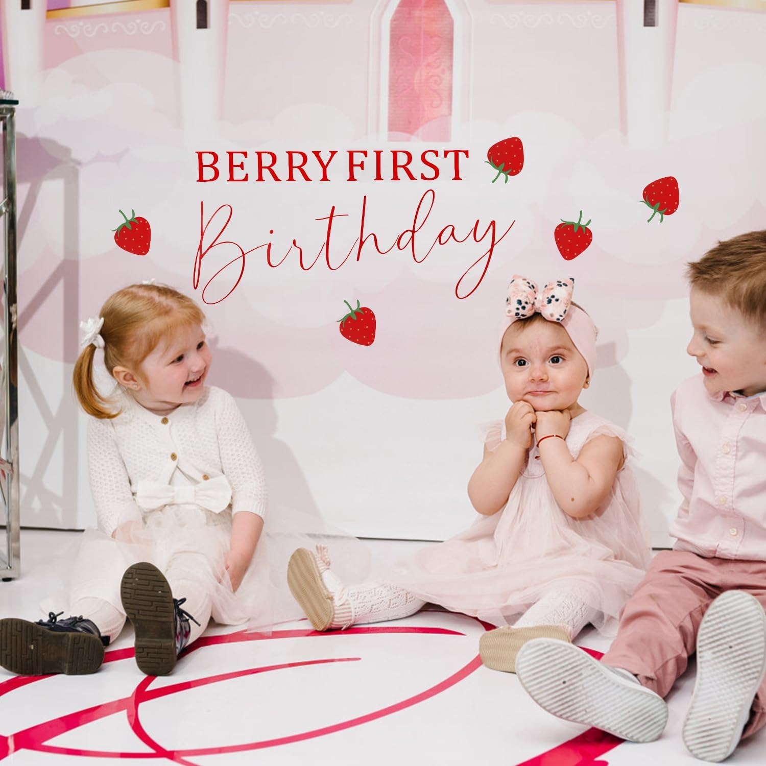 Strawberry Bow Sticker, Strawberry Theme First Birthday Background, Strawberry Theme First Birthday Decoration, Strawberry Theme Sticker Birthday Party Decoration Strawberry Theme