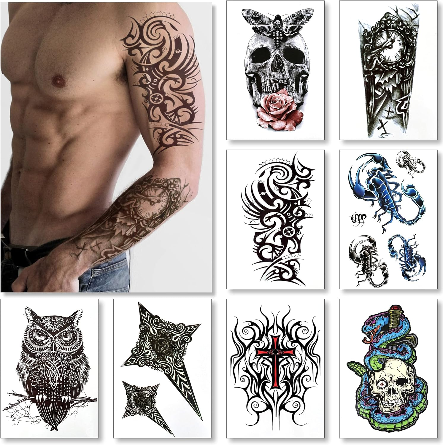 Temporary Tattoos for Men Guys Boys & Teens - Fake Half Arm Tattoos Sleeves for Arms Shoulders Chest Back Legs Cross Skull Owl Clock Scorpion Rose Realistic Waterproof Transfers 8 Sheets 8X6" image number 5