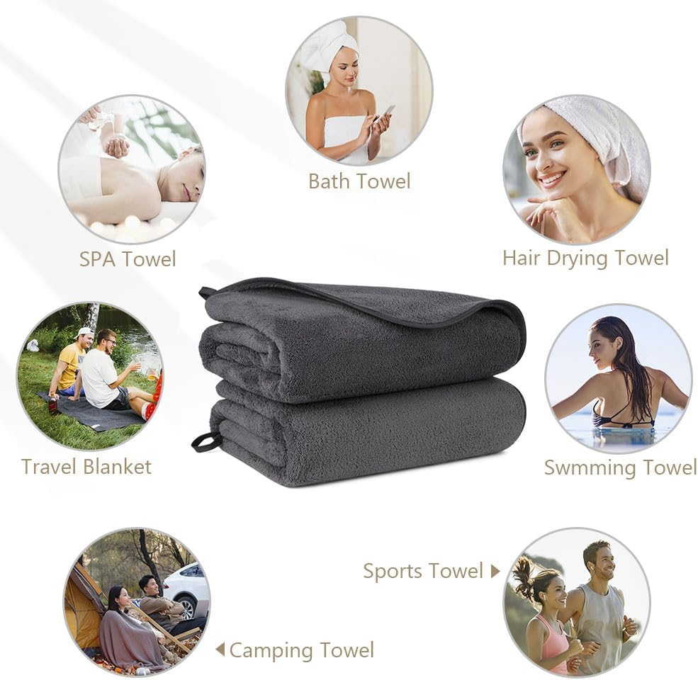 Orighty Bath Towels Pack of 2(27'' X 54'') - Soft Feel, Highly Absorbent, Quick Drying Microfiber for Body, Sport, Yoga, SPA, Fitness - Grey - 2, Grey image number 2
