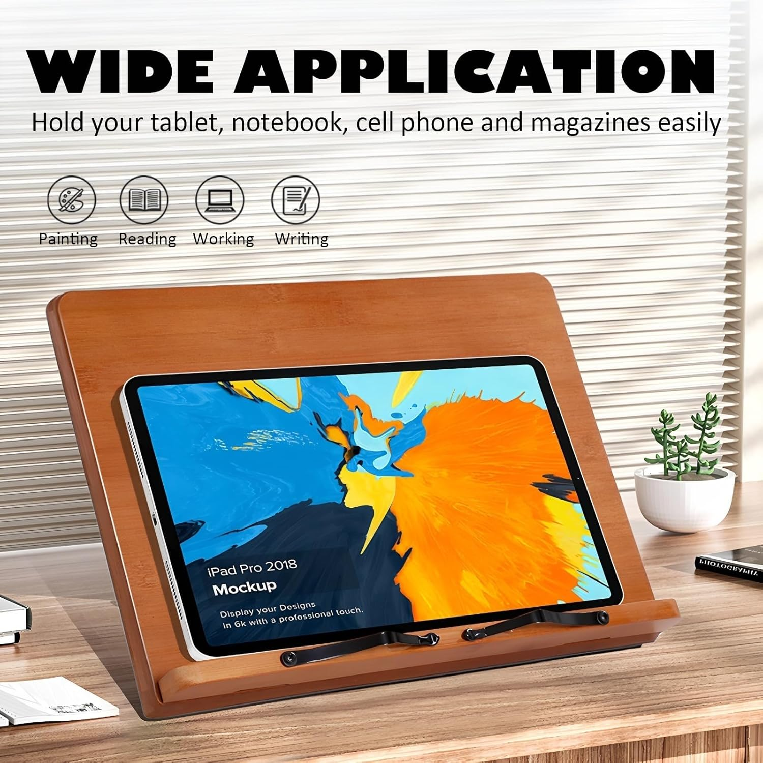 Book Stand for Reading Bamboo Cookbook Stand for Kitchen Adjustable Foldable Book Holder with Page Holder Clips Height Adjustable for Tablet Textbook Laptops Music Books Documents (Medium Brown) image number 3