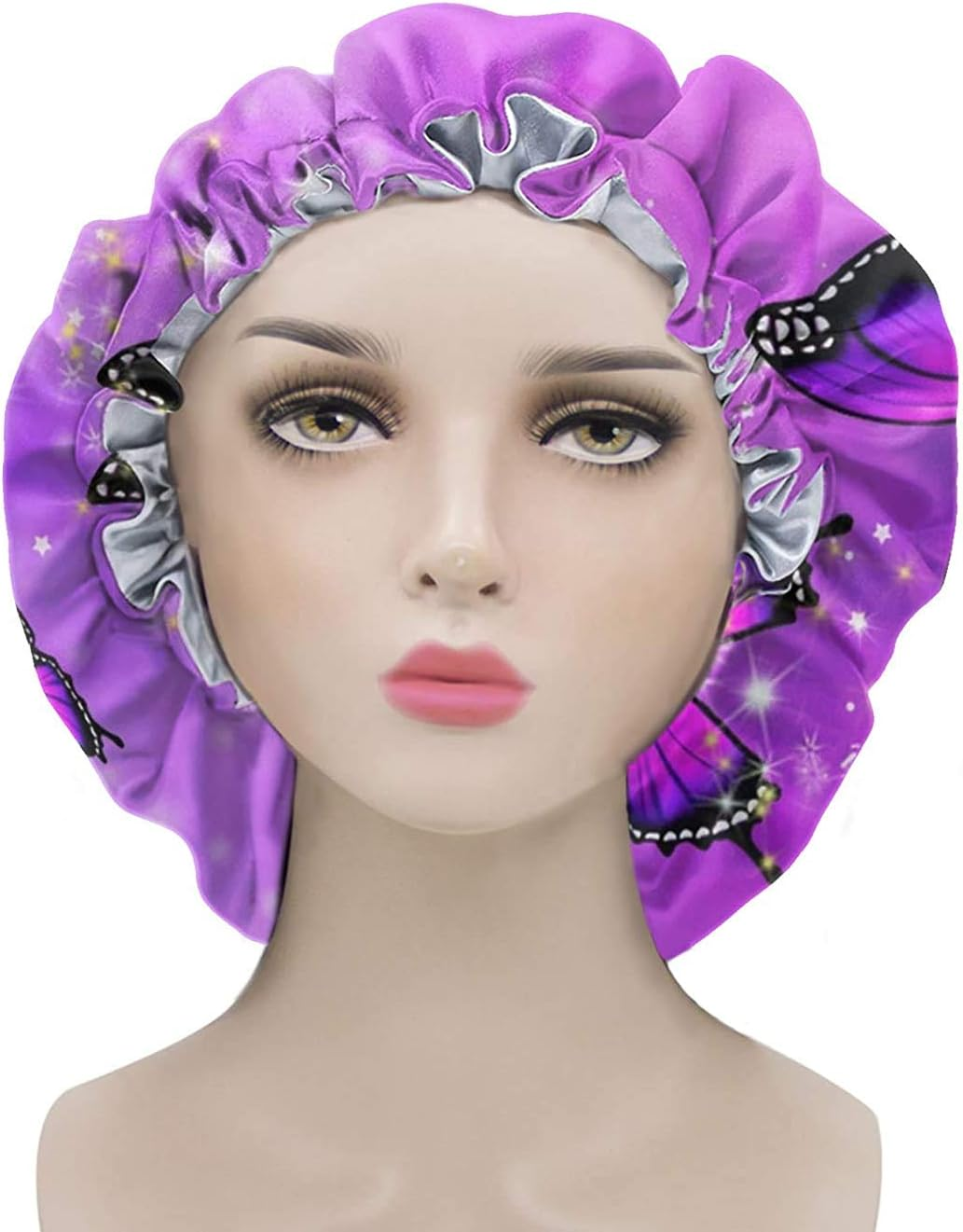 Advocator Purple Butterfly Satin Bonnet Sleep Bonnet Cap - Extra Large, Double Layer, Reversible, Adjustable Satin Cap for Sleeping Hair Bonnet image number 2