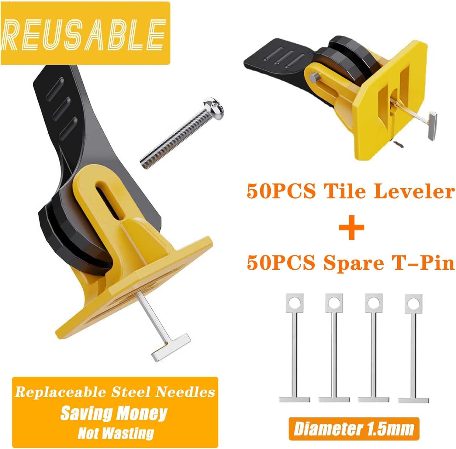 FACITE Tile Leveling System Kit 1/8 Tile Spacers Reusable 50Pcs Leveler Tile Tools for Installation+50Pcs Replaceable Spare Steel T-Pin Upgraded Adjustable Fit 8-12Mm Tile Floor Leveling Compounds Set image number 3