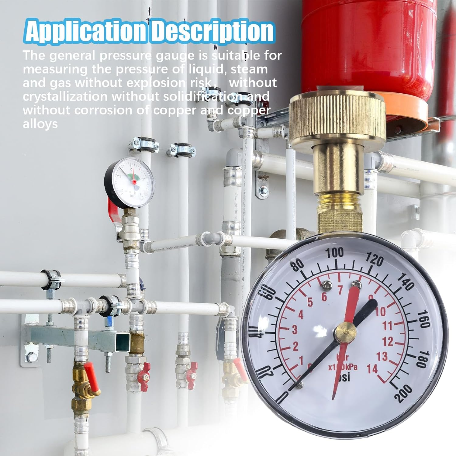 Universal Water Pressure Test Gauge, 0-200Psi 0-14Bar 3/4&rdquo; Radial Water Steam Gas Pressure Test Gauge Metal Hose Bib Gauge for Home Garden image number 3