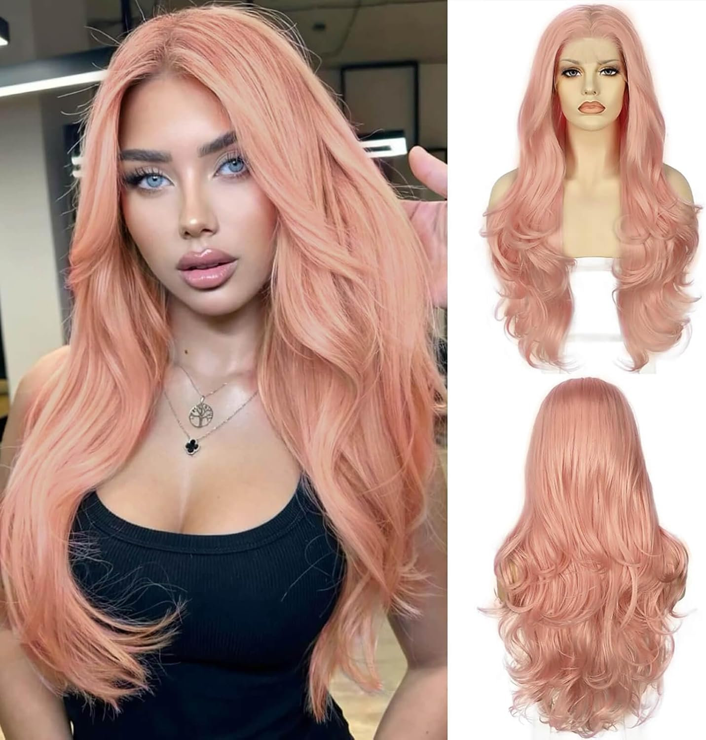 BECUS Pink Lace Front Wig Pre Plucked 13X3 Body Wave Wigs for Women Loose Curly Synthetic Lace Front Wig Wave Natural Hairline - Black image number 4
