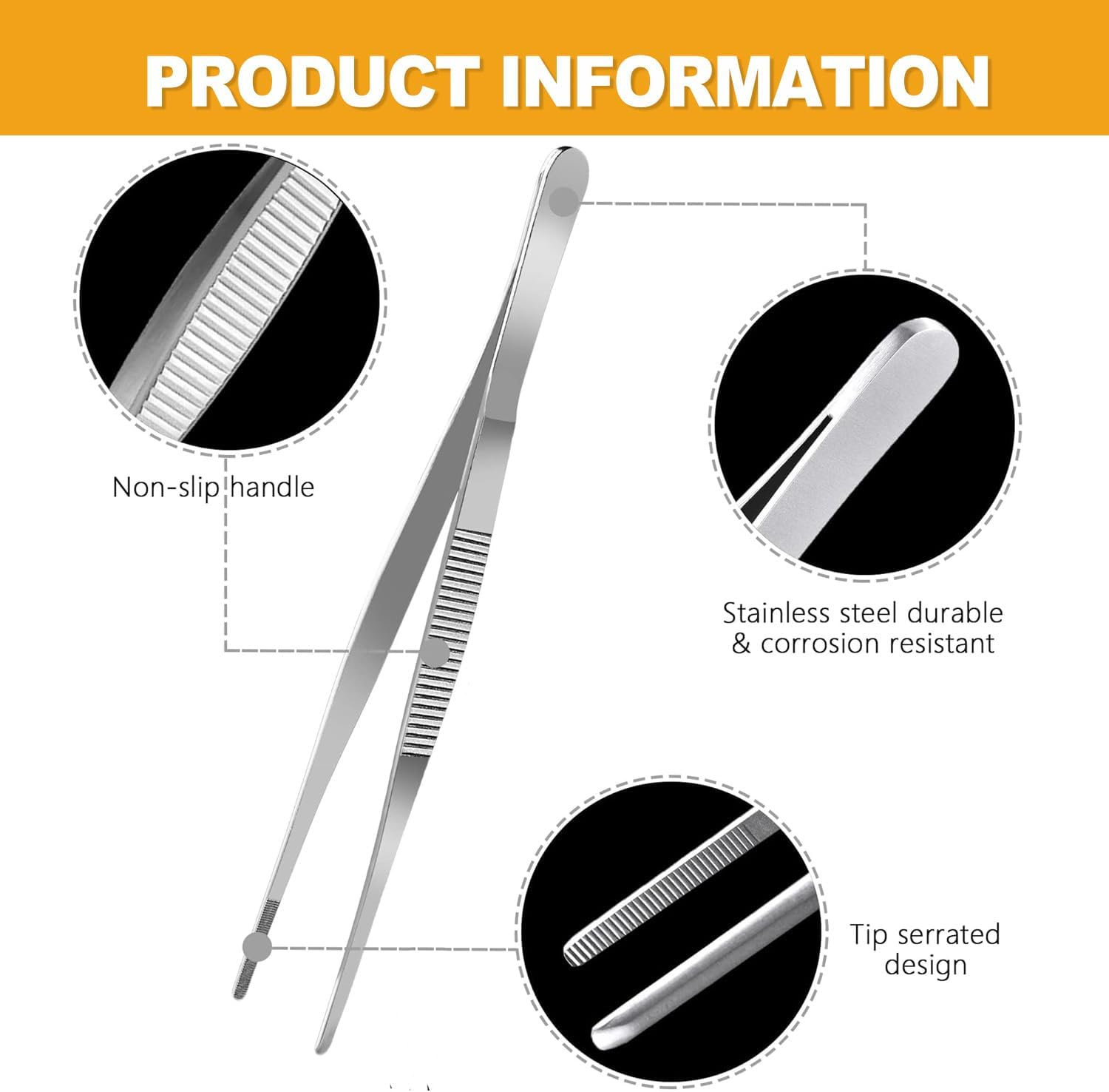 Wzenclave 6-Piece Stainless Steel Fine Tipped Needle-Nose Pliers Cooking (12" & 6.3") Cooking Tweezer Tongs Set Professional Chef-Grade Kitchen Tweezers