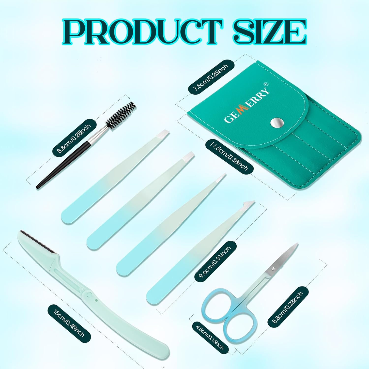 GEMERRY Tweezers Set 7Pcs for Facial Hair Women - Precision Tweezers Set with Travel Case - Stainless Steel Tweezers for Eyebrows with Scissors, Razor for Ingrown Hair (Blue) image number 5