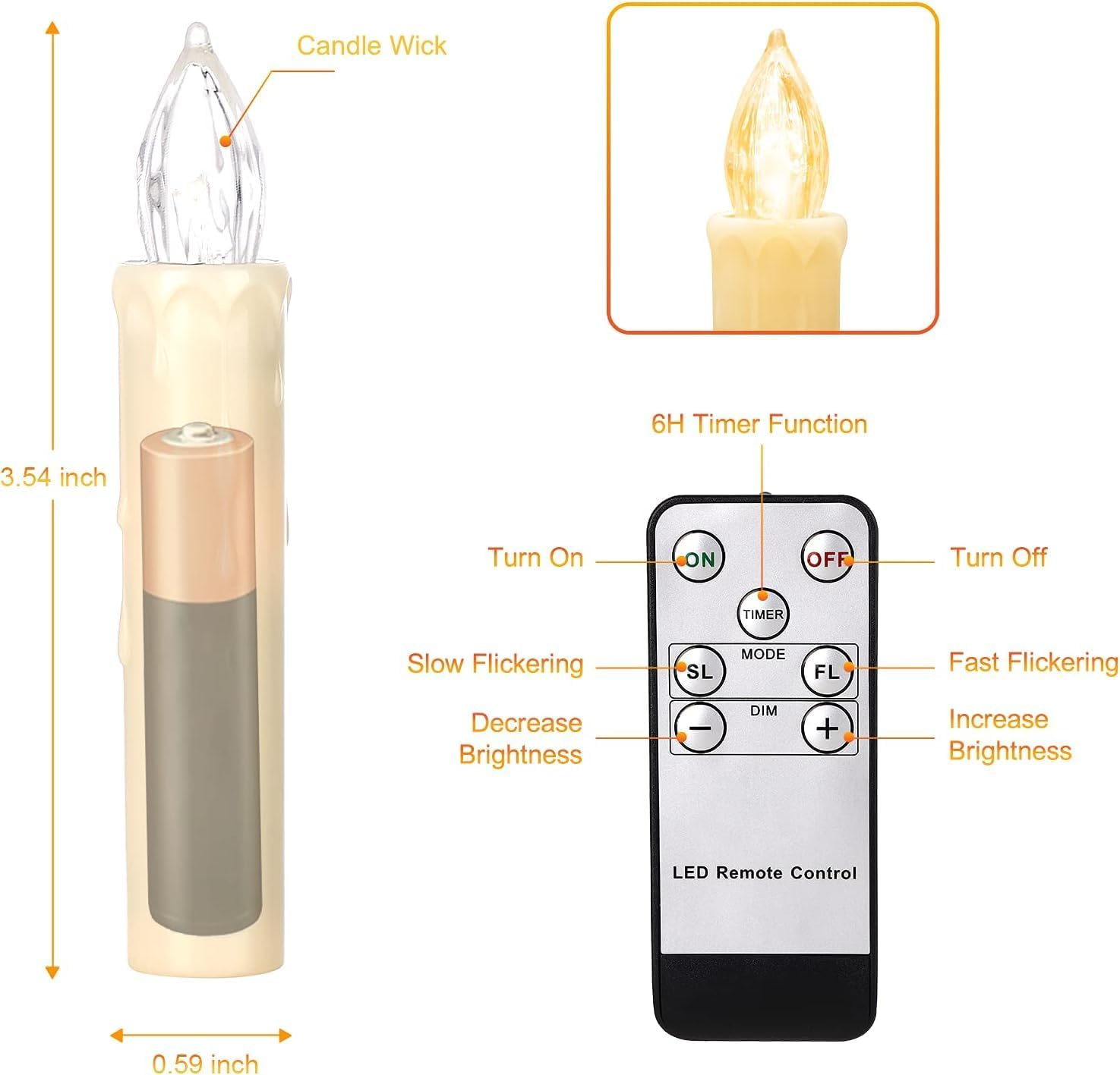 Massiupply Flickering Flameless Window Candle LED Christmas Tree Candle Lights Warm White Battery Operated Electric Taper Candles with Remote Perfect for Home Garden Wedding Parties Decor 12 PCS Ivory image number 3