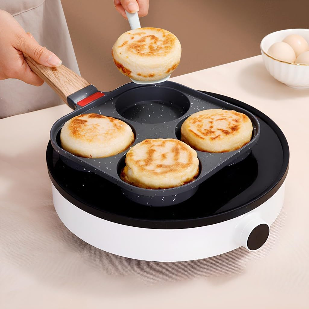 Kitment Egg Frying Pan with Flipping Lid, 4 Cup Omelet Pan for Burger Eggs Ham, Pancake Maker Frying Pot for Breakfast, Egg Skillet, Suitable for Gas, Induction Stoves, Nonstick, Wooden Handle image number 2