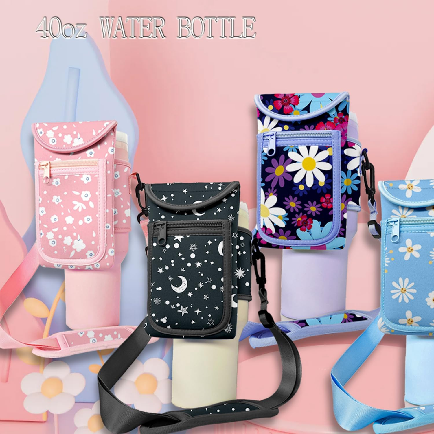 Water Bottle Carrier Bag with Pocket Fits for Stanley 40 Oz Tumbler, Neoprene Water Bottle Holder Pouch with Adjustable Strap for Stanley Cup Accessories (Pink Flower) - Blue Moon image number 5
