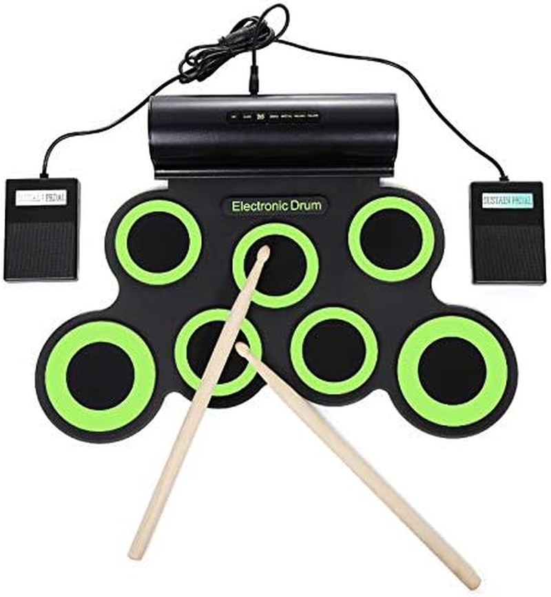 Origlam Electronic Drum Pad, Electronic Drum Set, Built-In Speaker, Digital Roll-Up Drum Practice Kit, 7 Pads Foot Pedals Touch Sensitive Drum Kit, Best Christmas Birthday (Green) image number 3