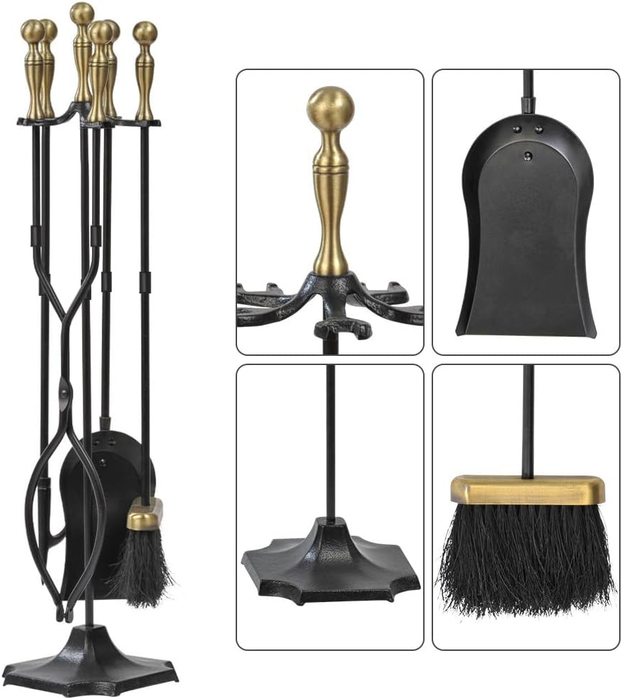 AMAGABELI 26.5 Inches (67.3 Cm) 5-Piece Fireplace Tool Set Fireplace Set with Wrought Iron and Interior Fittings Fireplace Accessories Fireplace Stand Fire Tongs Shovel Antique Brush Chimney Poker image number 5