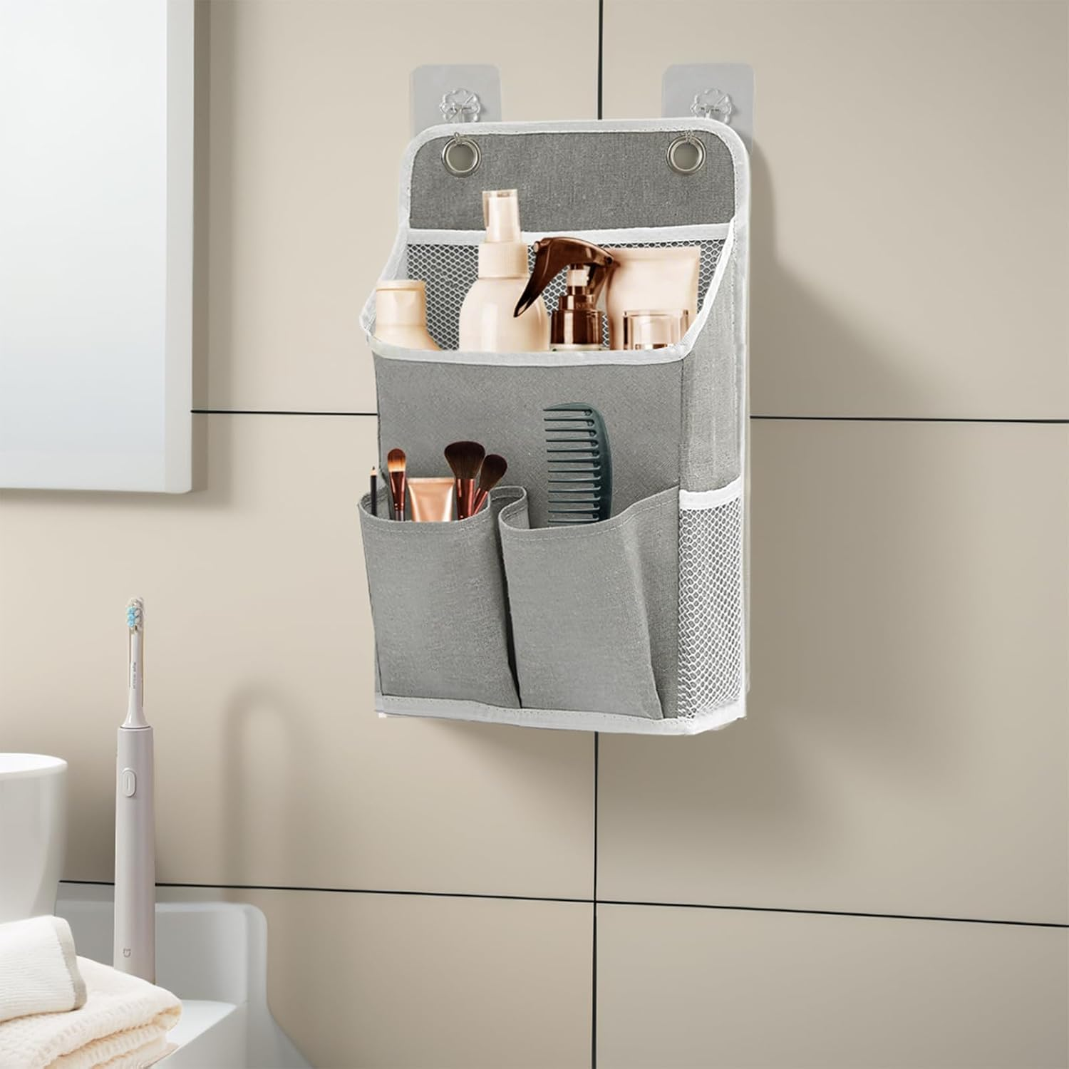 Calkkrer Pack of 2 Hanging Organisers, Grey, Wall Organiser with Pockets, Door Shelf, Fabric Hanging Storage for Bathroom, Bedroom, Office, Motorhome, Camping Storage image number 3