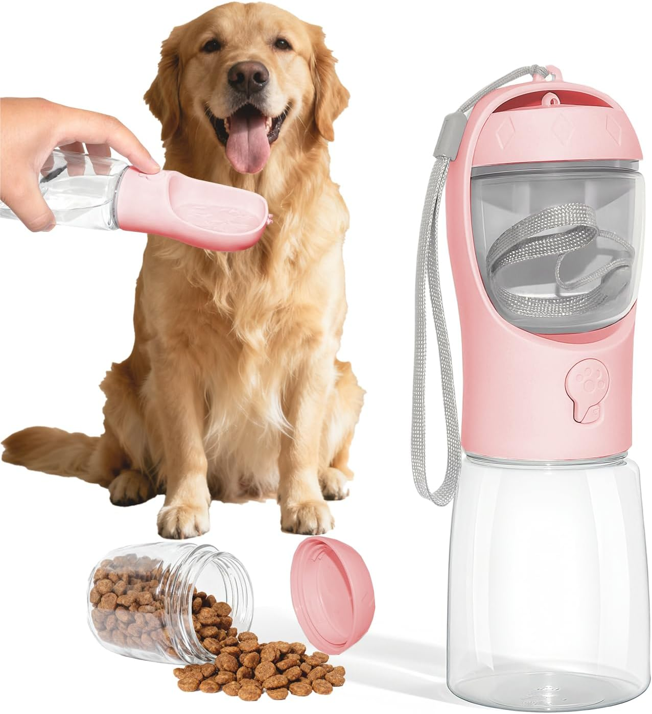 Dog Water Bottle, Multifunctional Portable Bottle with Food Container, Dogs Bottle Suitable for Outdoor Activities (Pink 12Oz)