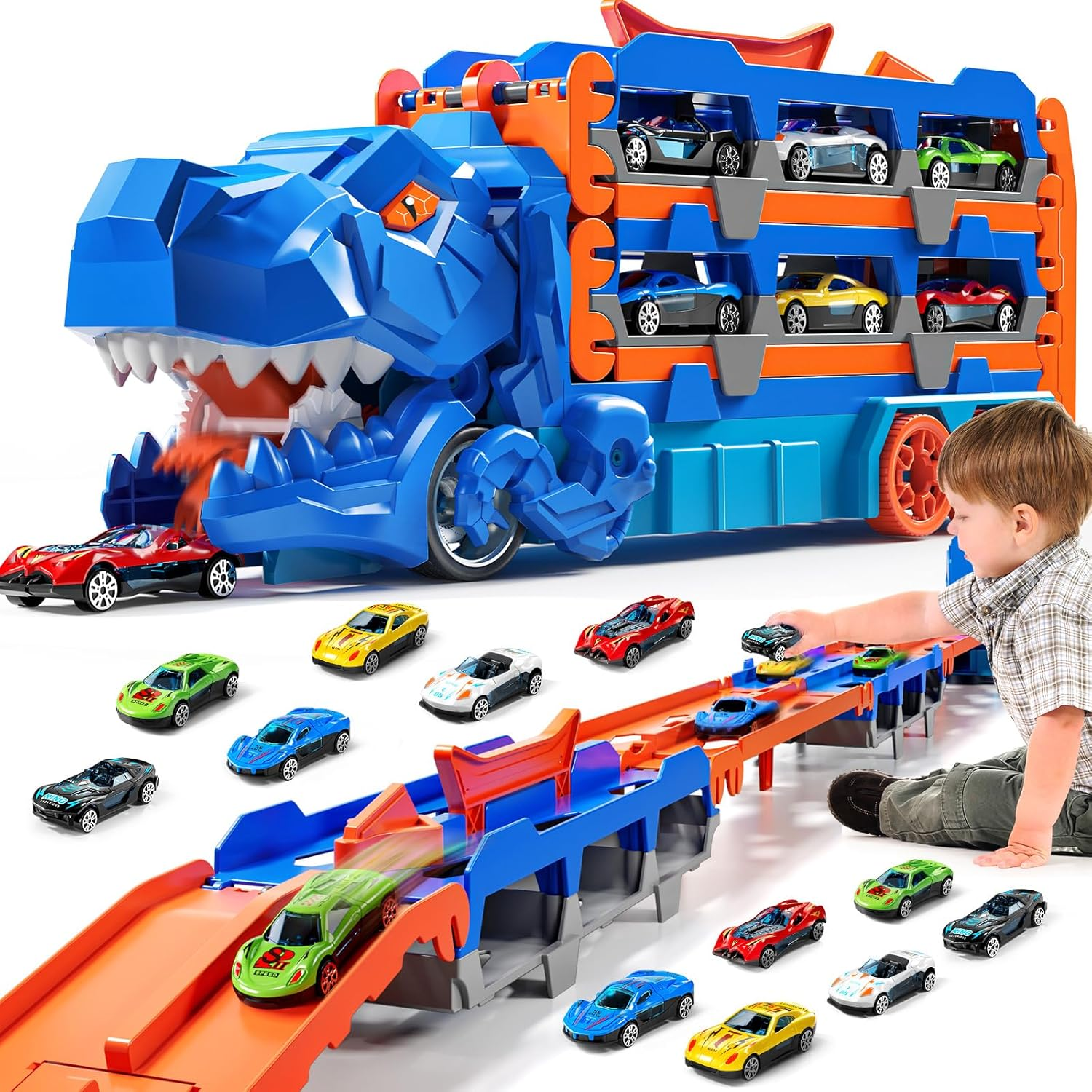 Dinosuar Truck Toy for Kids 3 4 5 6 Years Old - Dinosaur Cars Set, Toy Vehicle, Carrier Truck for Toddlers 3-4 Years, Race Track Set, Birthday Gifts Toys for Boys 3 4 5 6 7 8 Years Old image number 3
