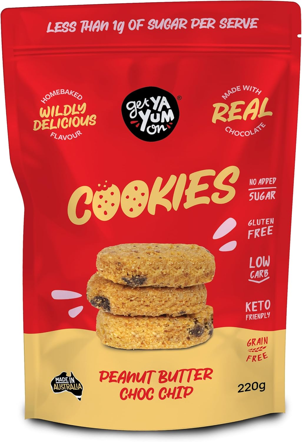 GET YA YUM on - SUGAR FREE PEANUT BUTTER CHOC CHIP COOKIES - NO SUGAR ADDED, GLUTEN FREE, LOW CARB, HOMEBAKED FLAVOUR VALUE PACK 220G image number 2
