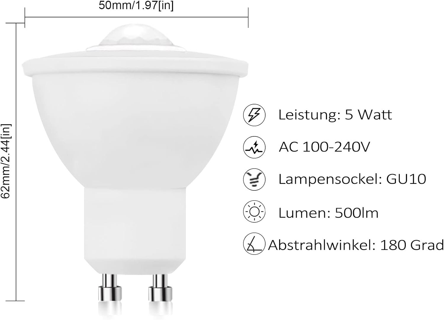 Doright LED Motion Sensor Light Bulbs GU10 PIR Security Detection Spotlight 5W Cool White 6000K 500Lm Auto On/Off LED Security Light Bulb for Stairs, Garage, Corridor, Walkway, Yard, Hallway image number 3