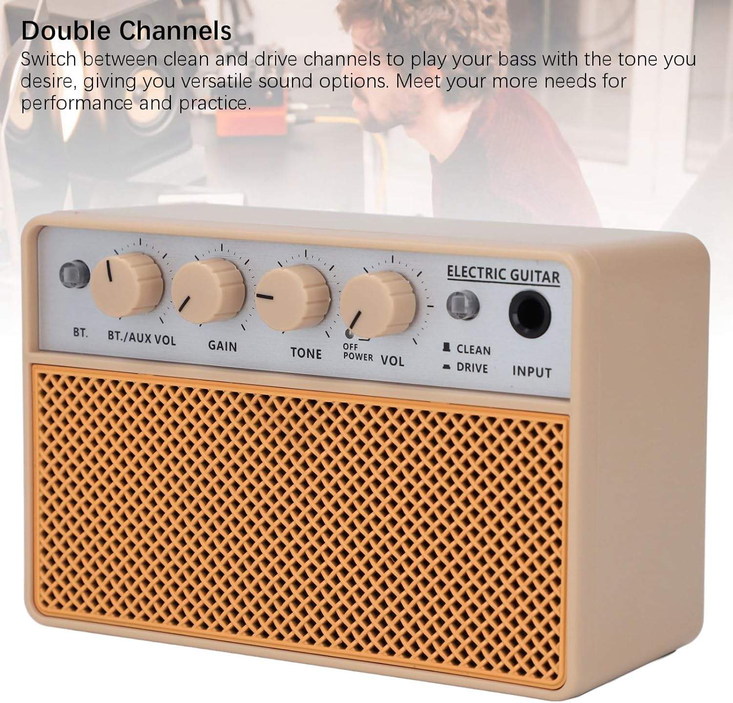 10W Electric Guitar Amplifier, Double Channels Portable Guitar Amp, 3000Mah Practice Guitar Amp with BT and AUX Input, Headphone Output, Clean and Drive Channels image number 6