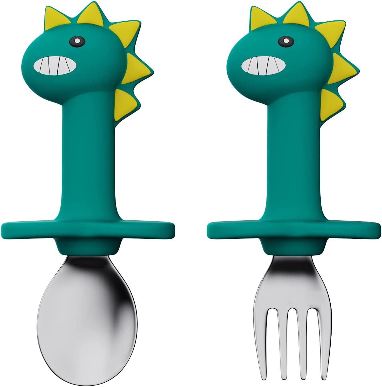 SFCCMM Baby Forks and Spoons Set Baby Training Utensils Self Feeding Toddler Silverware Silicone and Stainless Steel Kids and Toddler Utensil (Green Dinosaur - Long)
