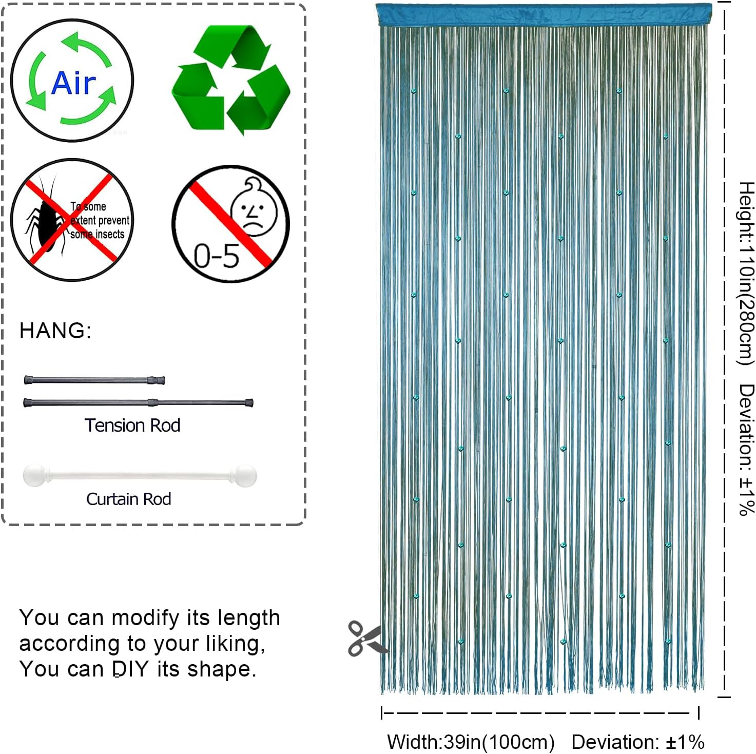 YIIBAII Beaded Curtain Beaded Curtains for Doorways Crystals Suitable for Interior Hanging Decoration and Partitions Closet Curtains (39"X110", Blue) image number 4