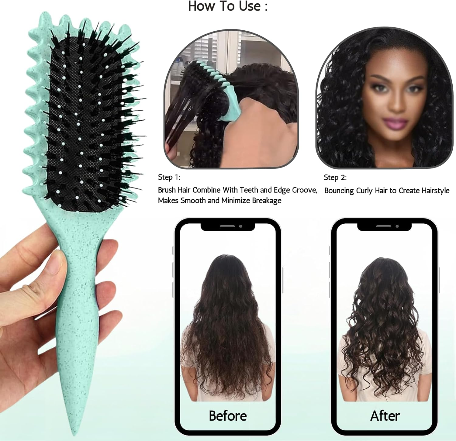 Curly Hair Brush Curl Defining Bounce Brush for Curly Hair Detangling,Shaping-Define Curling Comb Can Reduce Pulling for Women Men Girl Wet Hair or Promed Styling Edgelift-Green image number 5