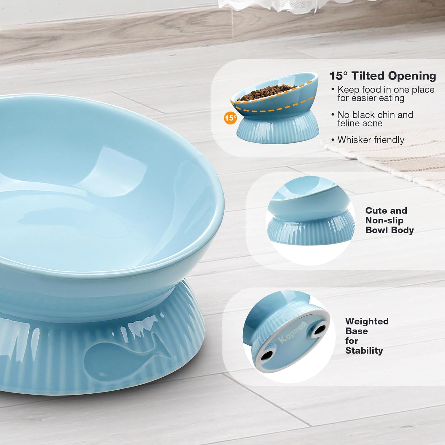 Elevated Cat Bowl, Ceramic Tilted Cat Food Bowl, anti Vomiting, Stress Free on Neck and Spine, Spill-Proof, Anti-Tipping, Dishwasher Safe, Raised Cat Bowls for Indoor Cats, Dry/Wet Food, Blue image number 2