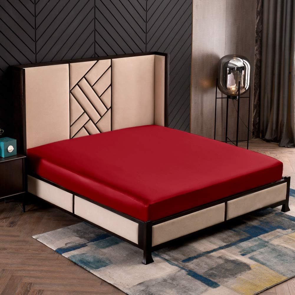 THXSILK Fitted Sheet, Silk Flat Sheet, 160 X 200 Cm, Red Silk Flat Sheet, 100% Pure 19 Momme Mulberry Silk Bed Linen, Fitted Sheet for Standard Mattress, 30 Cm image number 4