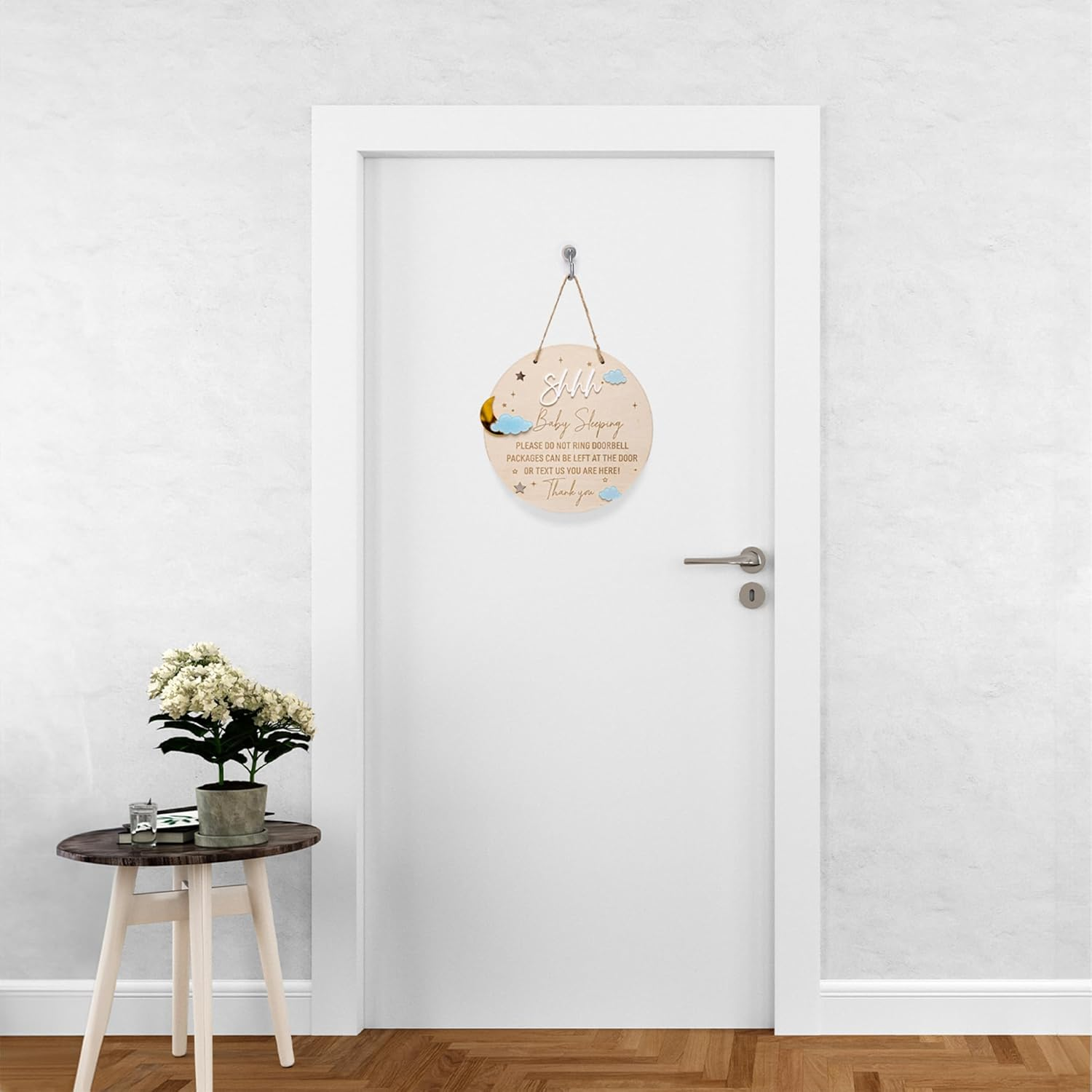 2Pcs Wooden Baby Sleeping Hanging Sign Plaque, Do Not Knock or Ring the Bell, round Wooden Door Hanger for Baby Room, Nursery, Front Door, Door Knob Decor (Moon) image number 3