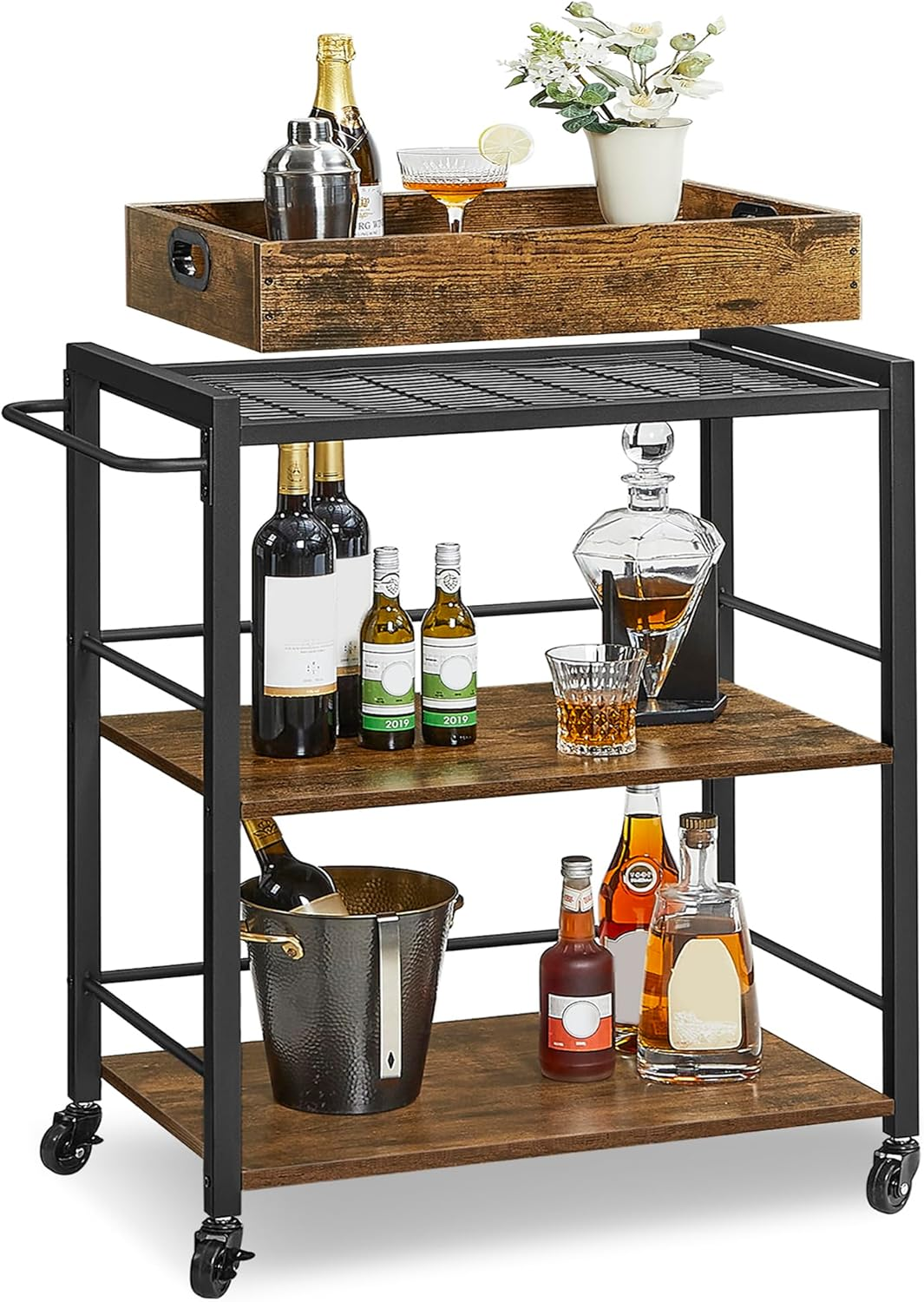 VASAGLE Industrial Bar Cart for the Home, Serving Cart with Wheels and Handle, 3-Tier Beverage Cart with Removable Tray and Storage Shelves for Living Room Kitchen, Rustic Brown and Black ULRC72X