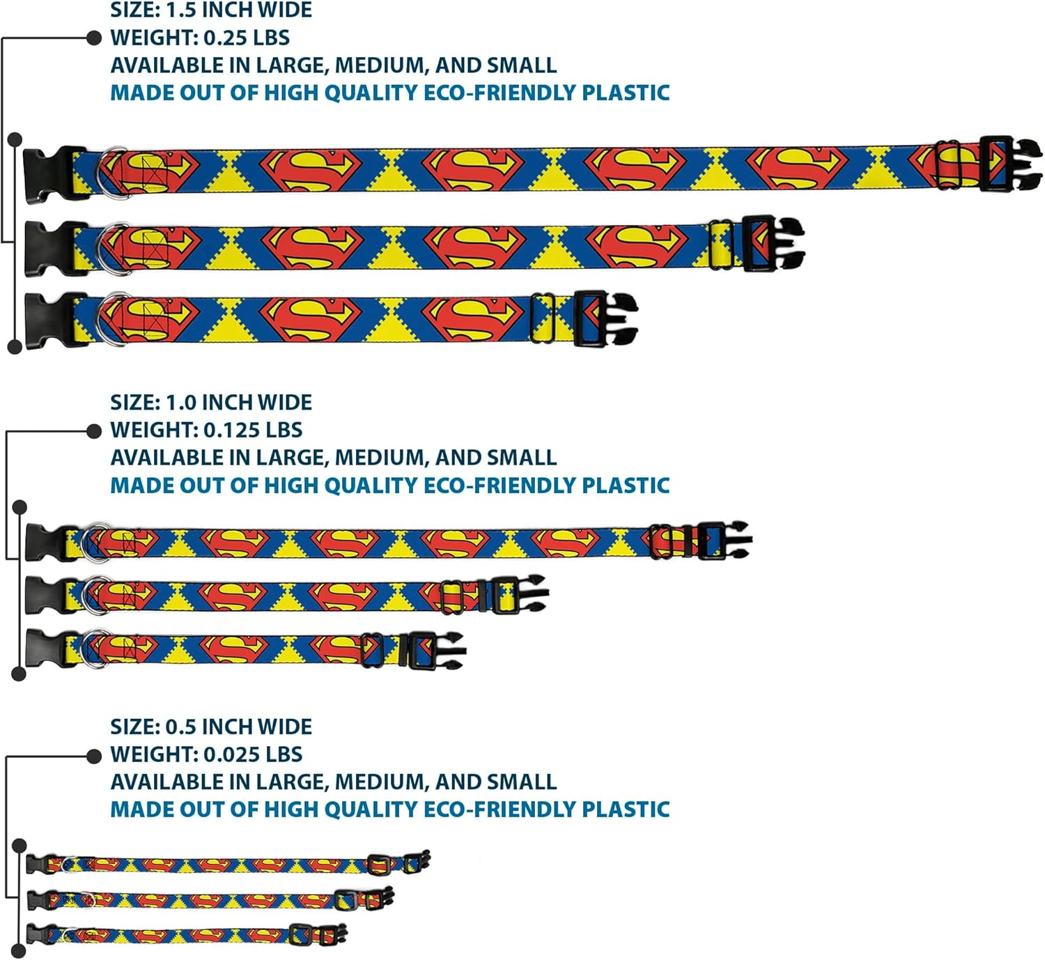 Buckle-Down Plastic Clip Dog Collar, Jagged Superman Shield Close-Up Yellow/Blue/Red, 6 to 9 Neck Size X 0.5 Inch Width