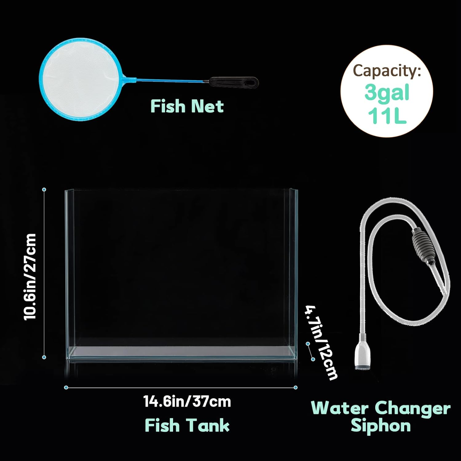 3 Gallon Ultra Clear Glass Fish Tank, Rimless Low Iron Aquarium for Betta/Nano/Goldfish/Snail/Shrimp, Small Fish Tank with Fish Net & Cleaning Tools image number 3