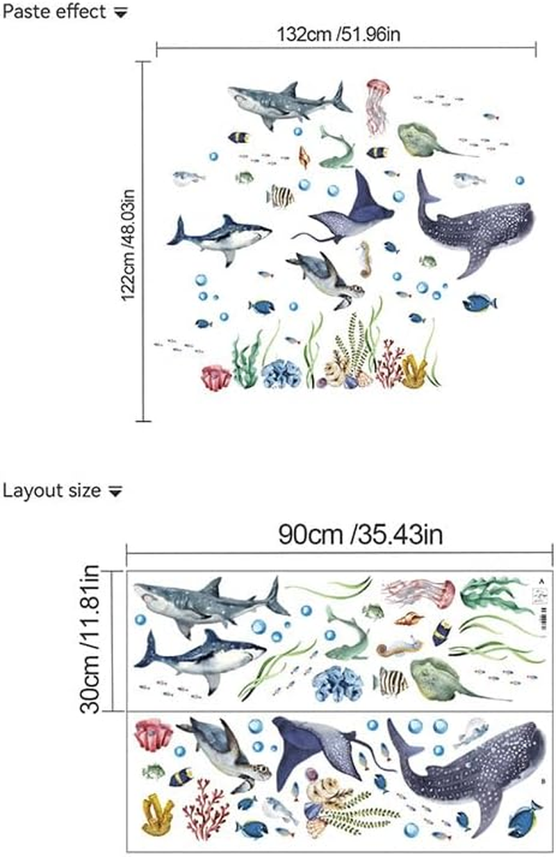 Large Watercolor Sharks Wall Decals Ocean Animal Peel and Stick Wall Sticker under the Sea Marine Life Theme Decals Room Home Decor Party Supply (30 * 90Cm, 4Pcs) image number 3