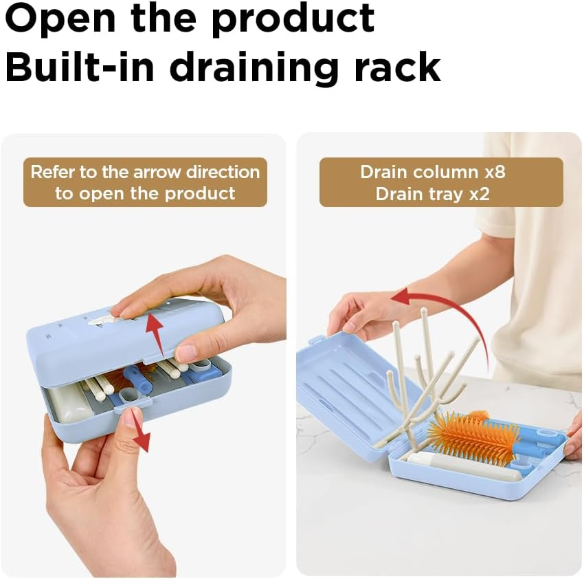 YOTIME Travel Bottle Brush, Travel Bottle Cleaner Kit with Foldable Bottle Drying Rack, for Visit Friends and Relations, Baby Travel Essentials, BPA Free, Blue - Green image number 1