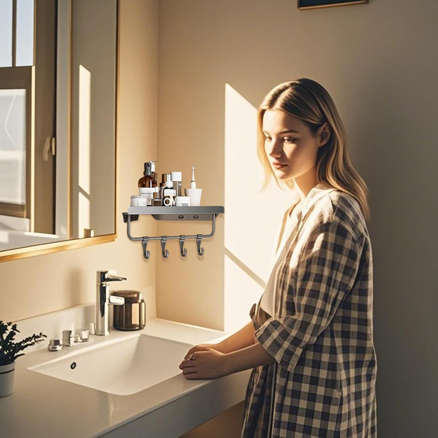 Biluer Shower Caddy, Shower Shelf No Drilling Bathroom Shelves Stainless Steel Caddy Corner Shelf Bathroom Wall Storage Corner Wall Storage Organisation image number 4