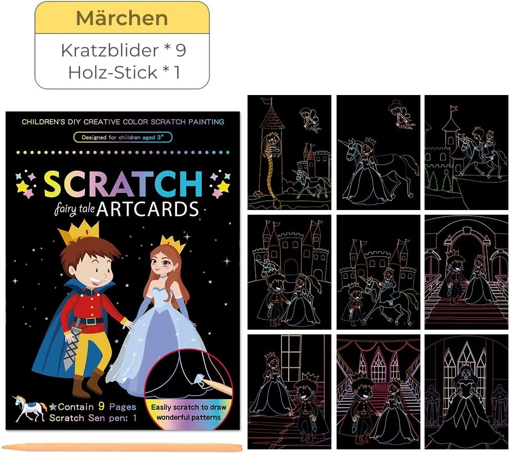Scratch Picture Set for Children: 9 Scratching Motifs with Great Colour Effects, Various Themes Such as Animal World, Unicorns, Pirates, Dinosaurs, Mermaids (Fairy Tale and Wizardess) image number 4