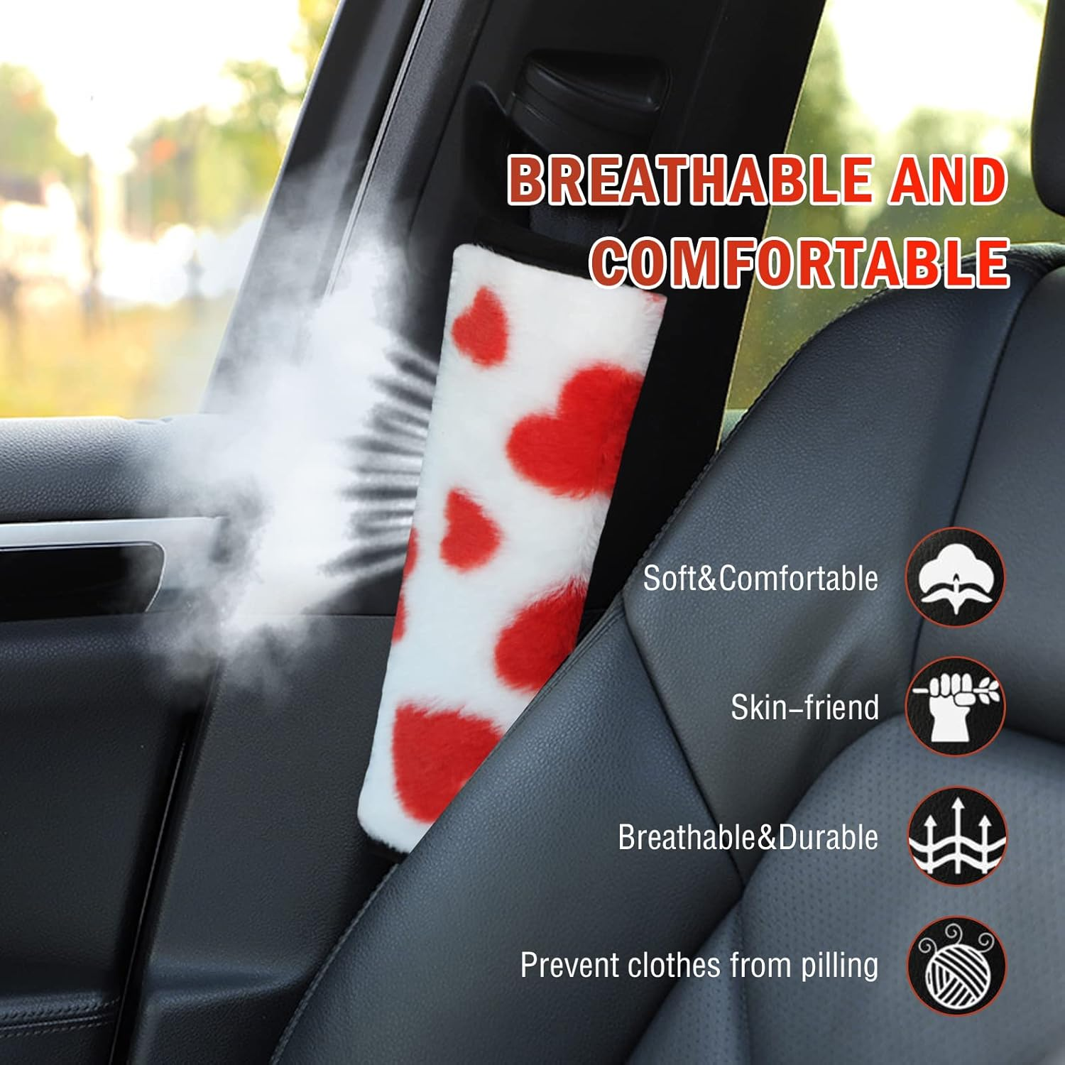 2 Pack Seat Belt Pads Soft Faux Sheepskin Love Car Seat Belt Shoulder Strap Covers Cute Seatbelt Neck Protector Cushion More Comfort Driving Compatible with All Cars and Backpack Fits Women Red