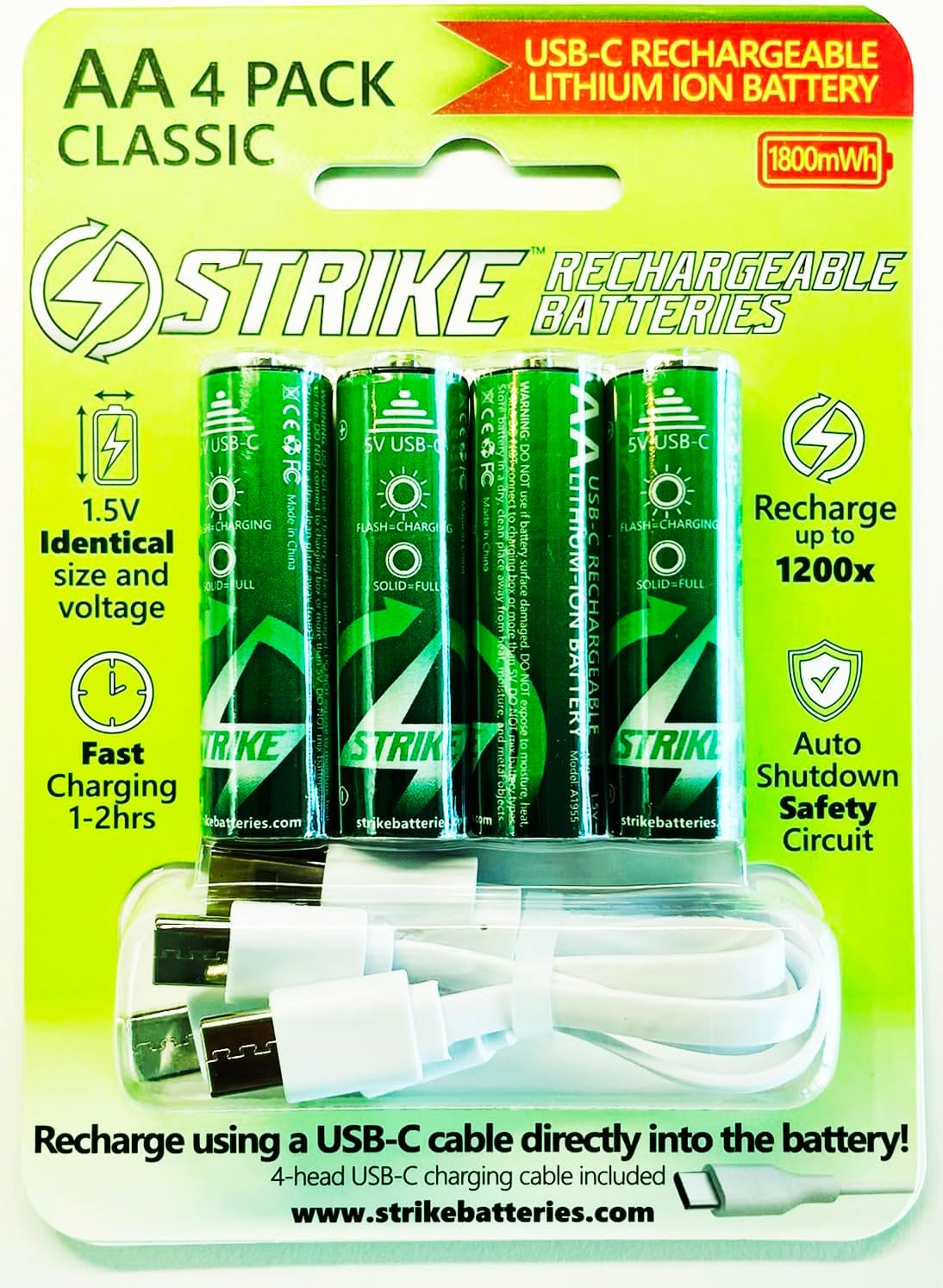 AA Classic Battery Lithium Ion 4 Pack Smart LED 1.5V 1800Mwh USB-C Rechargeable with Charging Cable, No Charging Box Needed! image number 5