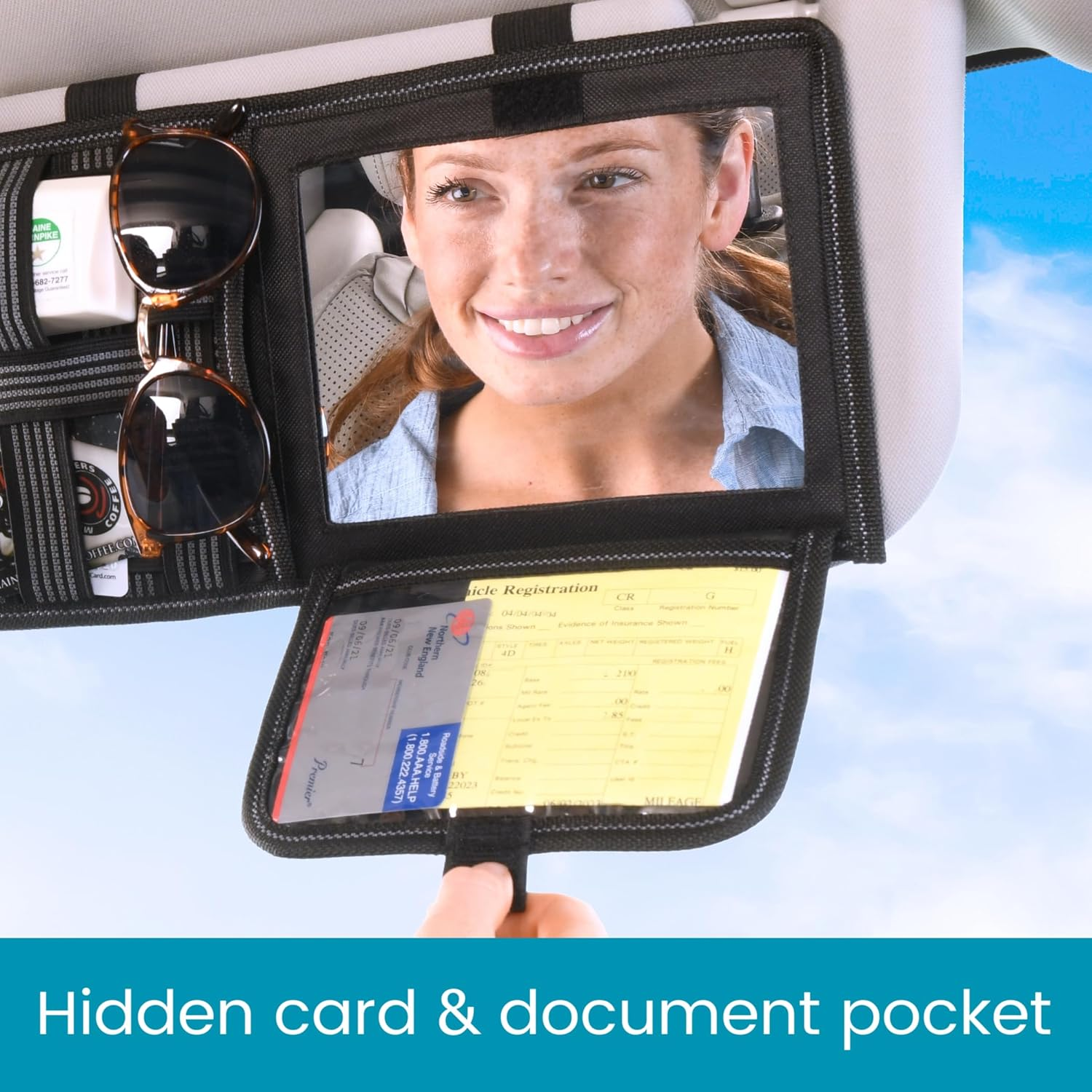 High Road Car Sun Visor Organizer with Hidden Insurance and Registration Pocket, Unbreakable Mirror and Molle Storage Panel for Sunglasses and Driving Essentials image number 3