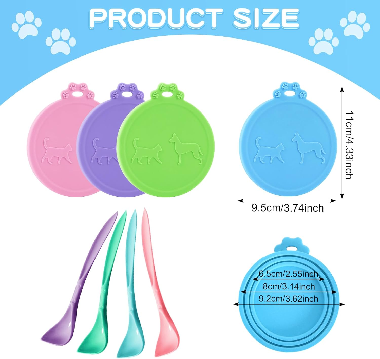 Naapesi 4 Pieces Can Lids for Tins with Spoons, Universal Size Tin Can Covers Lids, Silicone Lid Can Tops Cover for Cat Dog, Standard Size Can Tops and Spoons, Dog Food Tin Lids Covers for Cans image number 2