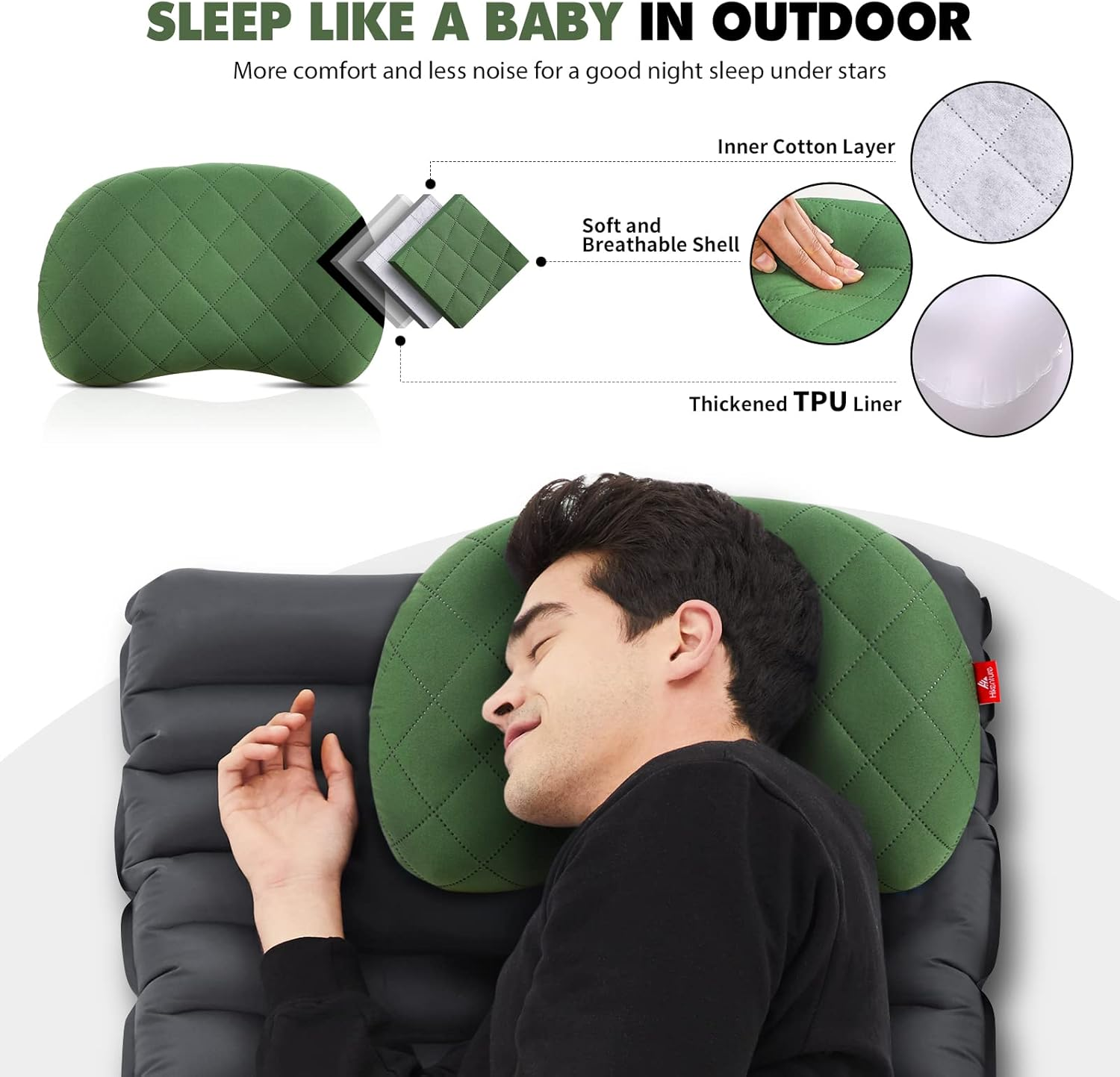 HIKENTURE Camping Pillow-Ultralight Inflatable Pillow with Removable Cover-Comfortable Ergonomic Blow up Pillow - Compressible Beach Pillow-Air Travel Pillow for Neck & Lumbar Support(Green) - Green image number 6