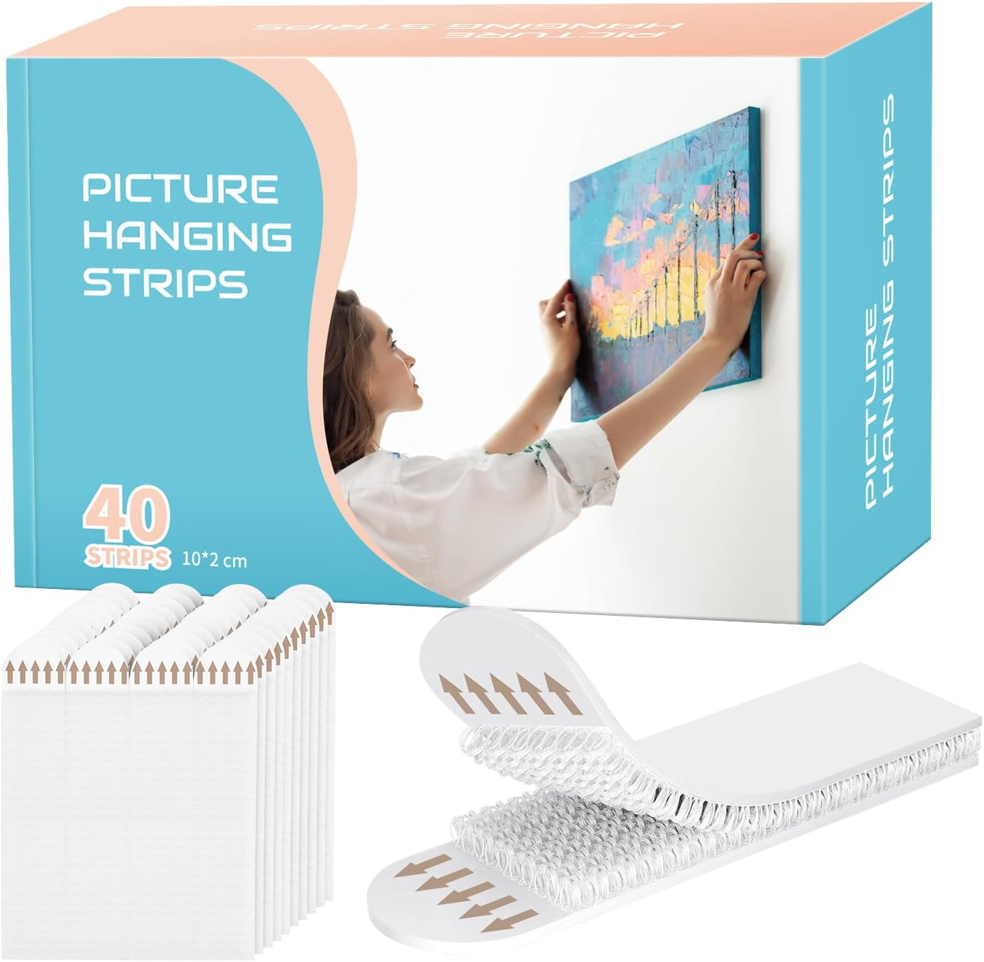 Picture Hanging Strips Heavy Duty, Damage Free Hanging Picture Hangers for Walls, Picture Hanging Kit, Hanging Hooks without Nails, Medium Poster Wall Strips White 20-Pairs (White, 6.6Cm+10Cm) image number 1