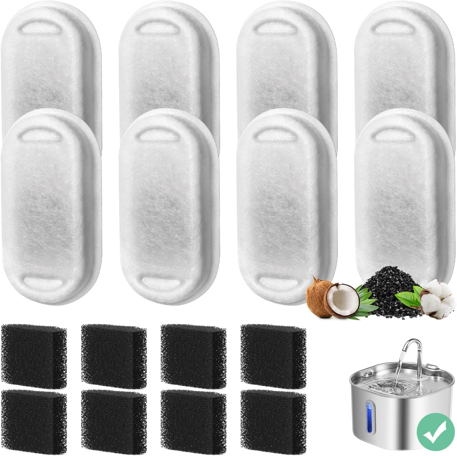 8-Pack Cat Fountain Filter Replacement for 108Oz/3.2L & 74Oz/2.2L Stainless Steel Cat Water Dispenser, 8 Pieces Carbon Filter & 8 Pieces Foam Triple Filtration Filter for 2L Drinking Fountain Bowl image number 2