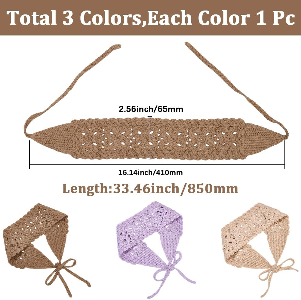 CABODYALS Pack of 3 3 Colours Bandana Headbands Purple Beige Khaki Crochet Boho Hair Scarf Head Wrap Vintage Lace Hollow Polyester Headscarves for Women Bridal Wedding Party Styling Dress Accessories image number 1