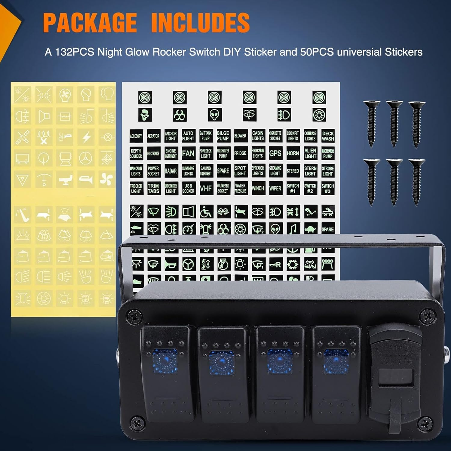 4 Gang Rocker Switch Panel, Waterproof Marine Boat Toggle Rocker Switch Box, PD Type C & QC 3.0 USB, Aluminum Alloy Switch Panel Box for Automotive, Truck, RV, UTV (Blue Light) image number 1