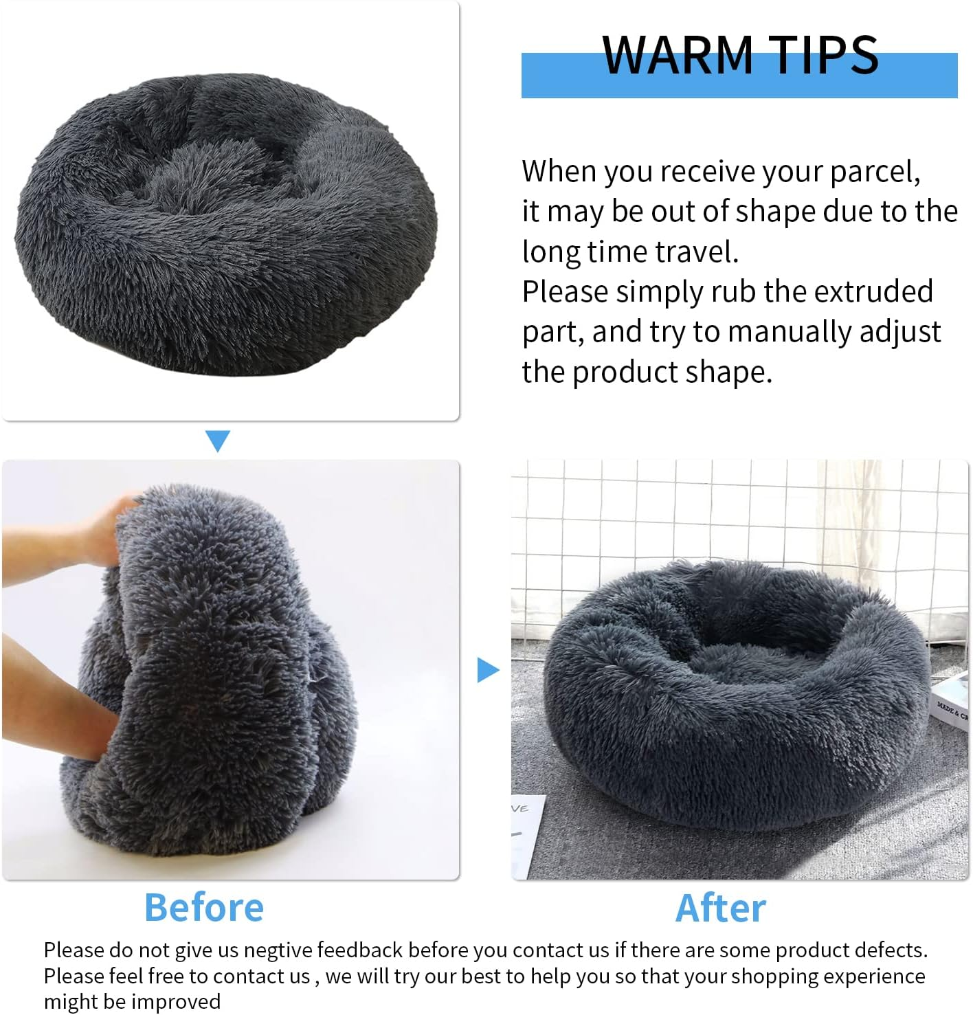 UUEMB 50Cm Calming Dog Cat Bed, Plush Donut Pets Beds for Small Dogs Cats, Soft Puppy Kitten Cuddler round Bed Cushion, Washable Warm Dog Beds for Improved Sleeping (Dark Grey) image number 2