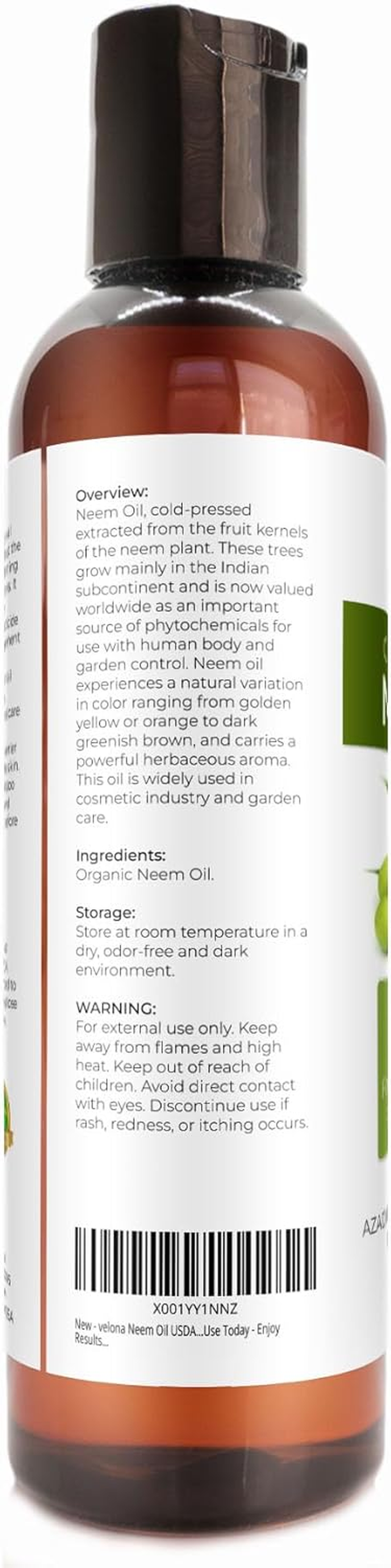 Velona Neem Oil USDA Certified Organic - 4 Oz | 100% Pure and Natural Carrier Oil | Virgin, Unrefined, Cold Pressed | Hair, Body and Skin Care | Use Today - Enjoy Results image number 1
