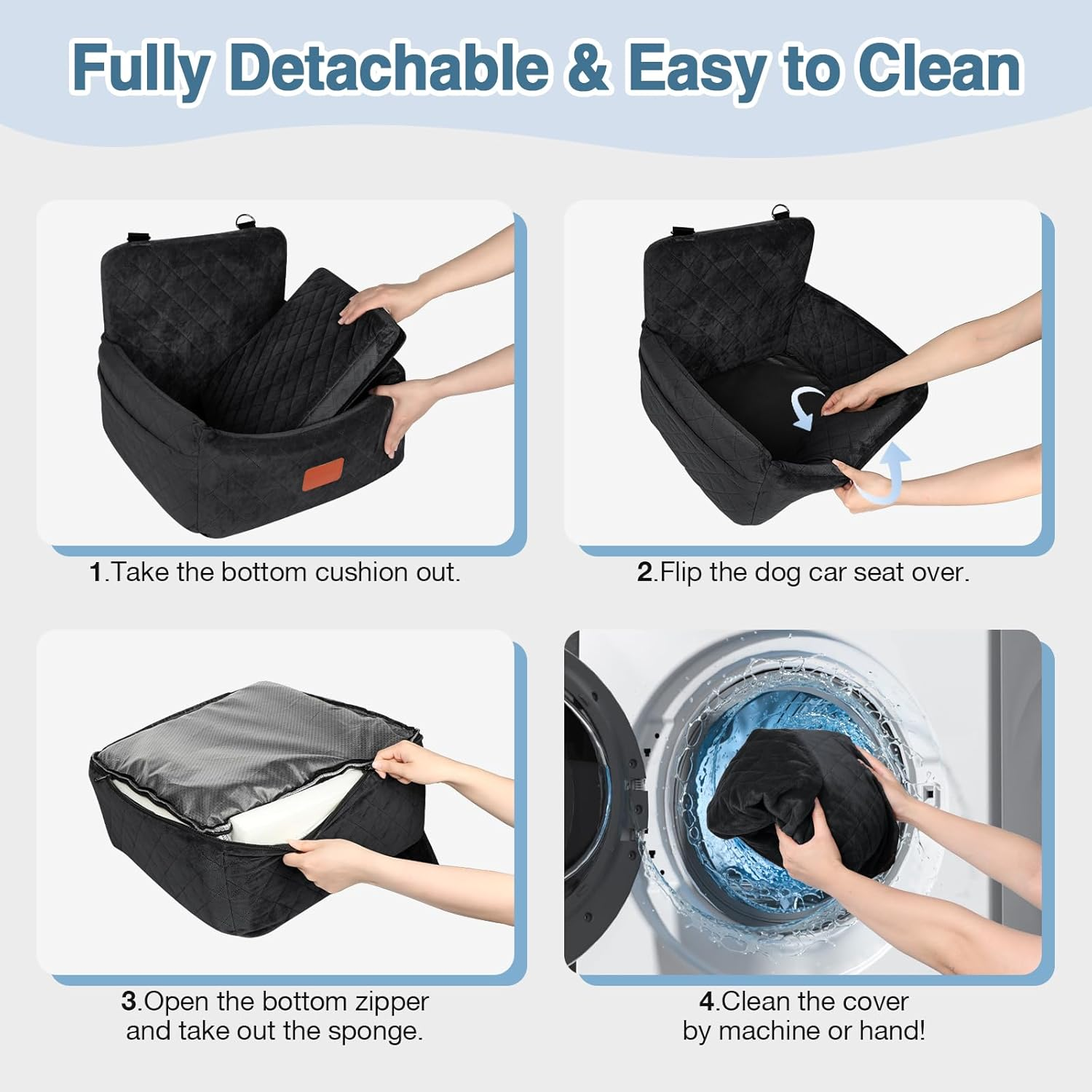 Dog Car Seat for Small Dogs under 25 Lbs, Washable Pet Travel Bed with Memory Foam, Detachable Cover, Storage Pockets & Safety Leash, Non-Slip Bottom(Black)