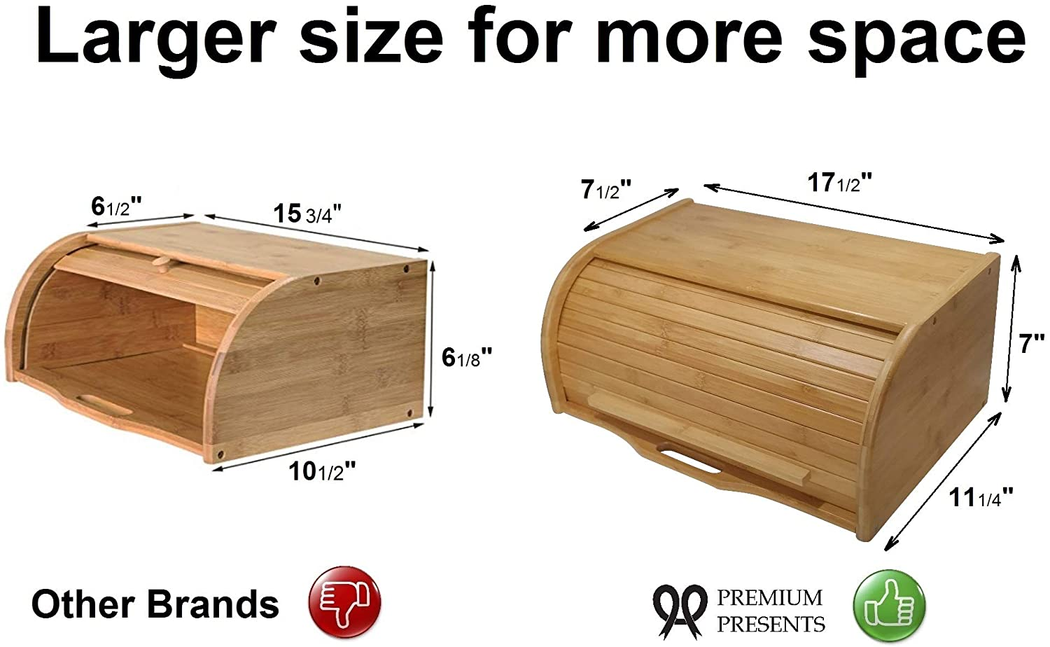 Premium Presents Vintage Natural Bamboo Roll Top Bread Box, 7 X 17.3125 X 11 Inches, Rectangular, Kitchen Counter Organizer, Bread Storage image number 2