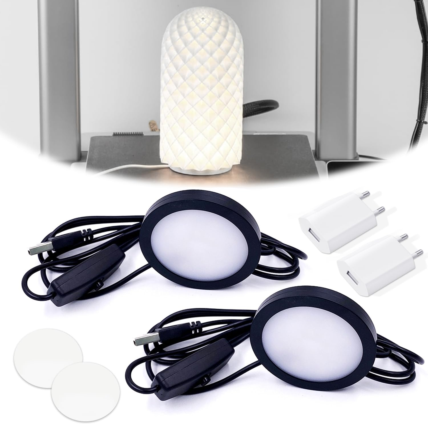 Pack of 2 3D Printer LED Lamp Kit for Lab A1/A1Mini/P1S/P1P/X1C for Crafting Night Light Models and Easy Installation, with USB Adapter, Three Types of White Light (White Style)