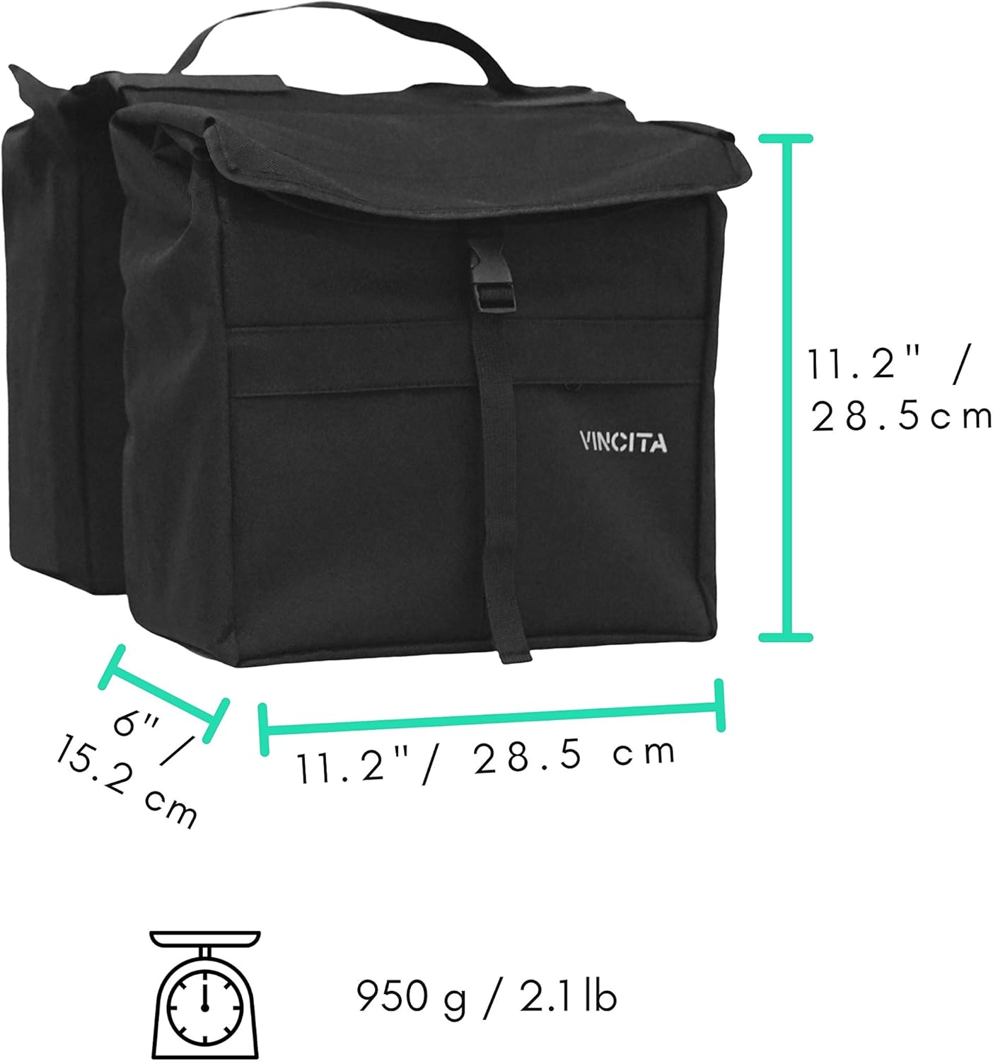 Vincita New Top Load Double Pannier Water Resistant Cycling Side Bags - with Rain Cover, Large, Carrying Handle, Reflective Spots - Bike Rack Carrier Saddle Bag - Bicycle Accessories (Black/Turquoise) image number 4